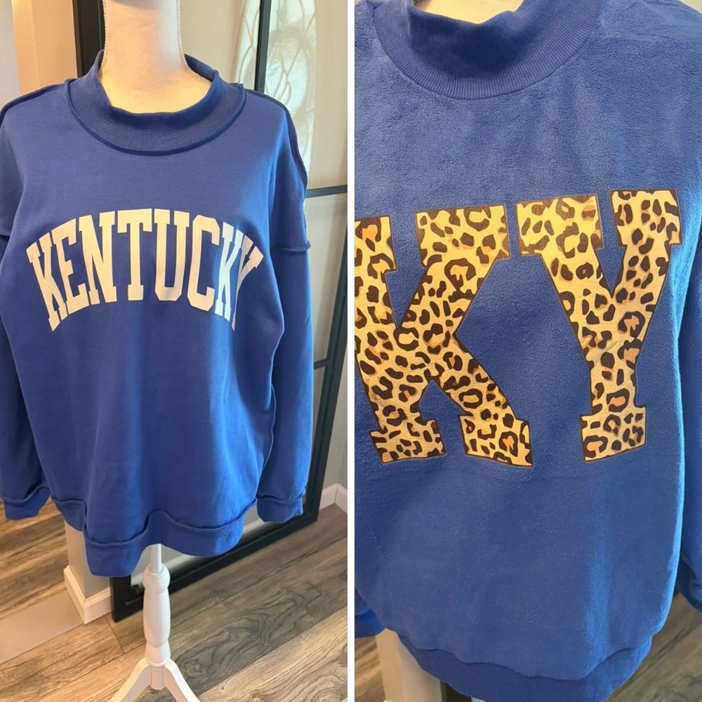 NWT…Boutique…REVERSIBLE Kentucky Sweatshirt…2 in 1…Plush Leopard & Raw Hem Sides